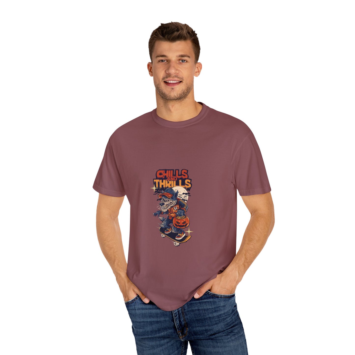 Chills & Thrills Skateboarding T-Shirt - Unisex Garment-Dyed Halloween Tee