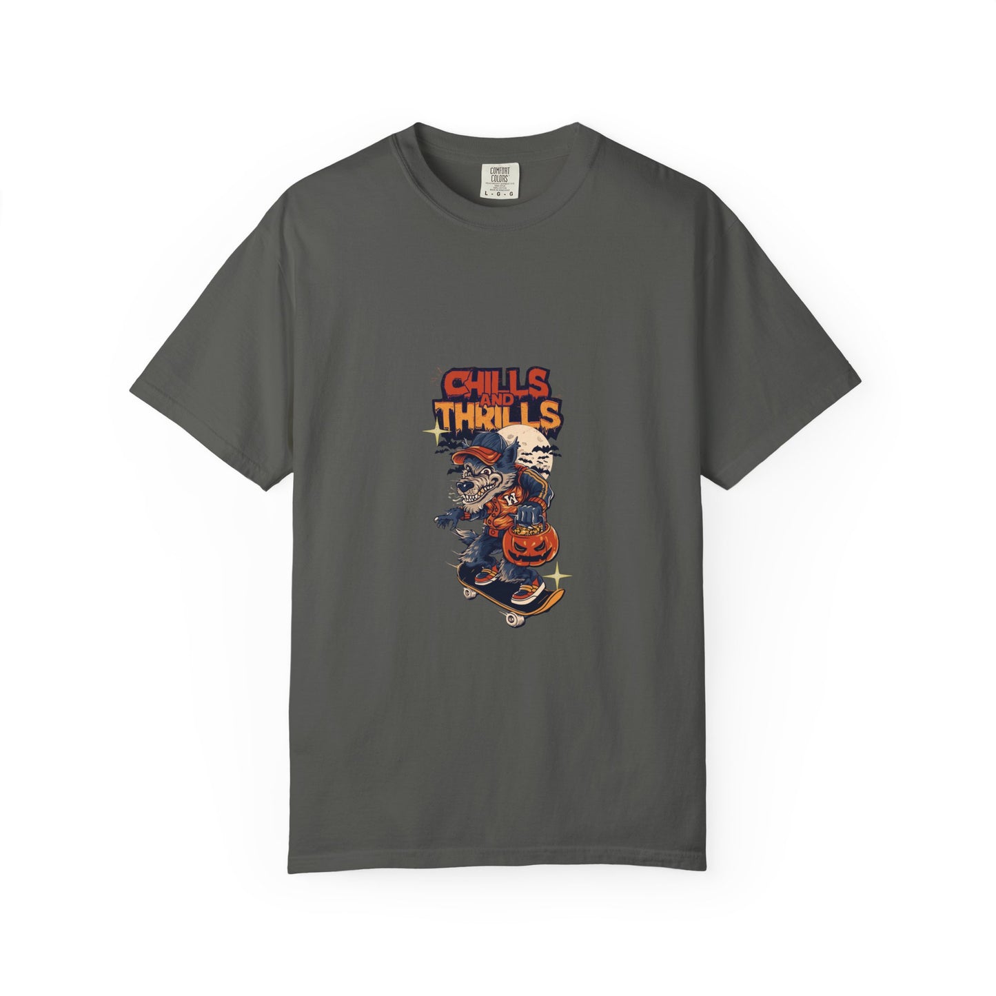 Chills & Thrills Skateboarding T-Shirt - Unisex Garment-Dyed Halloween Tee