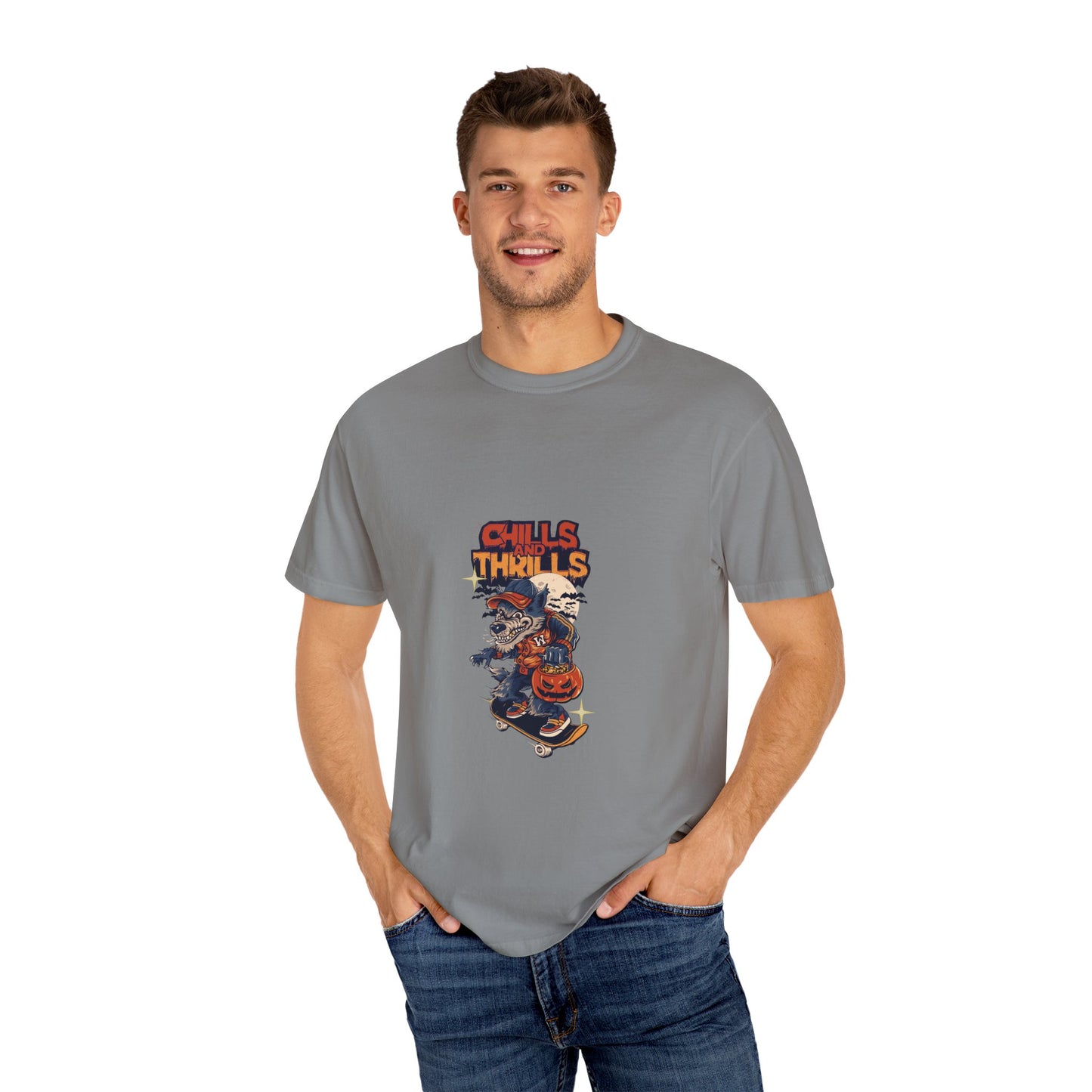 Chills & Thrills Skateboarding T-Shirt - Unisex Garment-Dyed Halloween Tee
