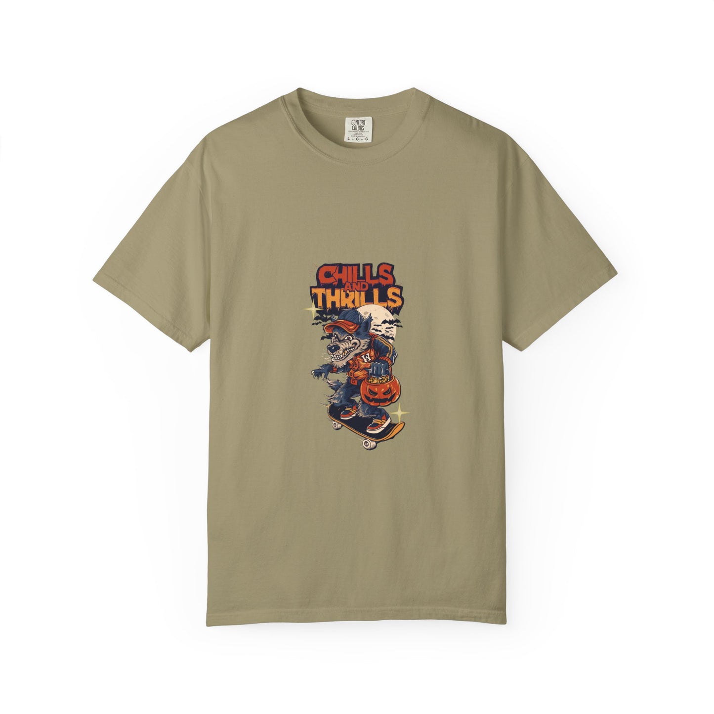Chills & Thrills Skateboarding T-Shirt - Unisex Garment-Dyed Halloween Tee