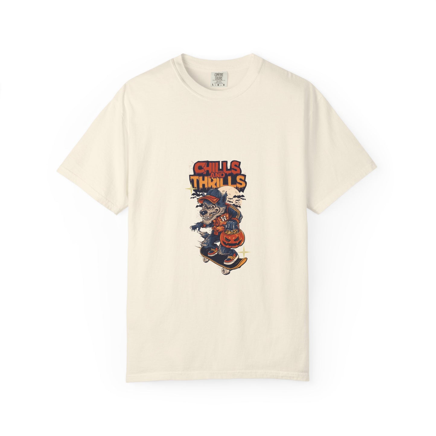 Chills & Thrills Skateboarding T-Shirt - Unisex Garment-Dyed Halloween Tee