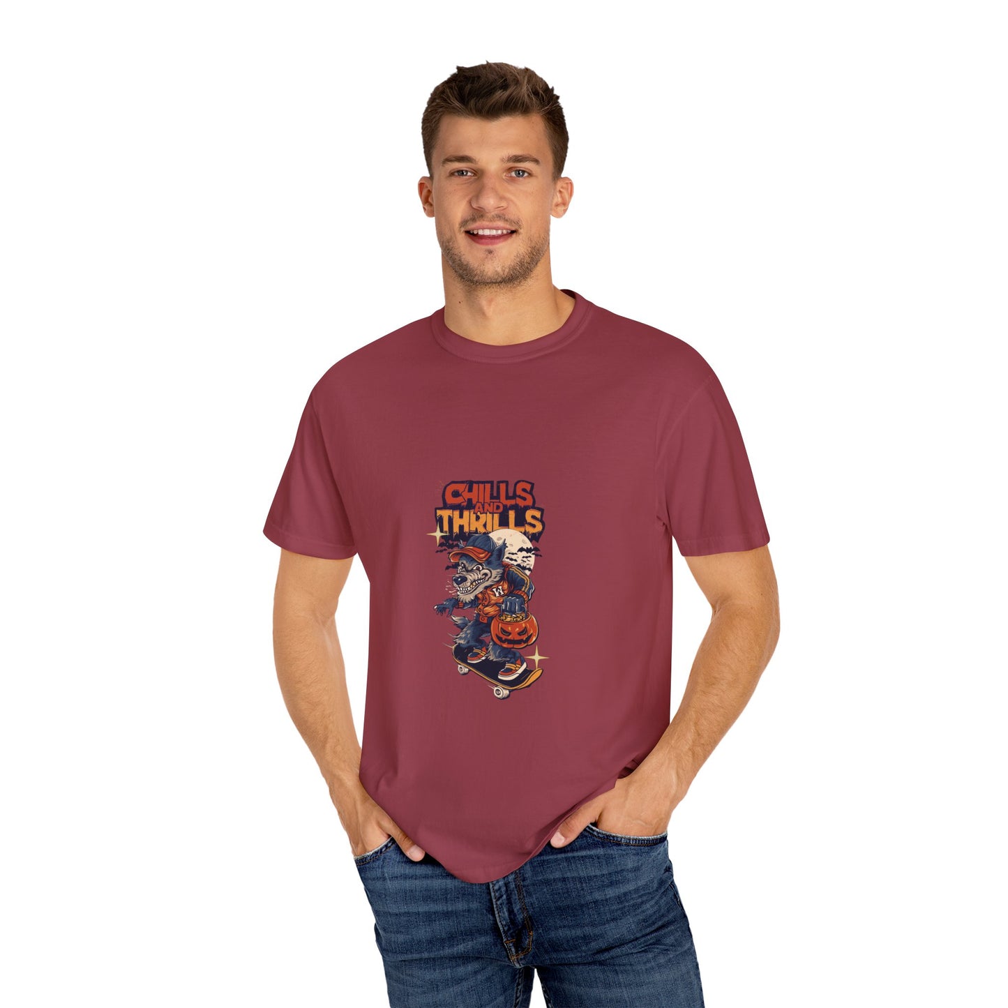 Chills & Thrills Skateboarding T-Shirt - Unisex Garment-Dyed Halloween Tee