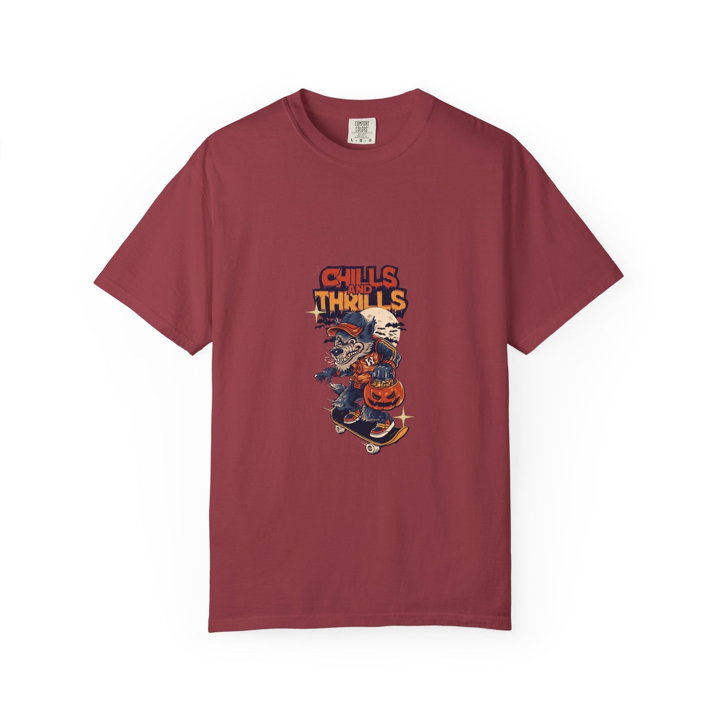 Chills & Thrills Skateboarding T-Shirt - Unisex Garment-Dyed Halloween Tee