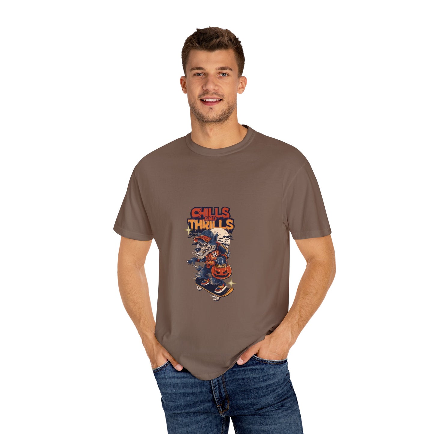 Chills & Thrills Skateboarding T-Shirt - Unisex Garment-Dyed Halloween Tee