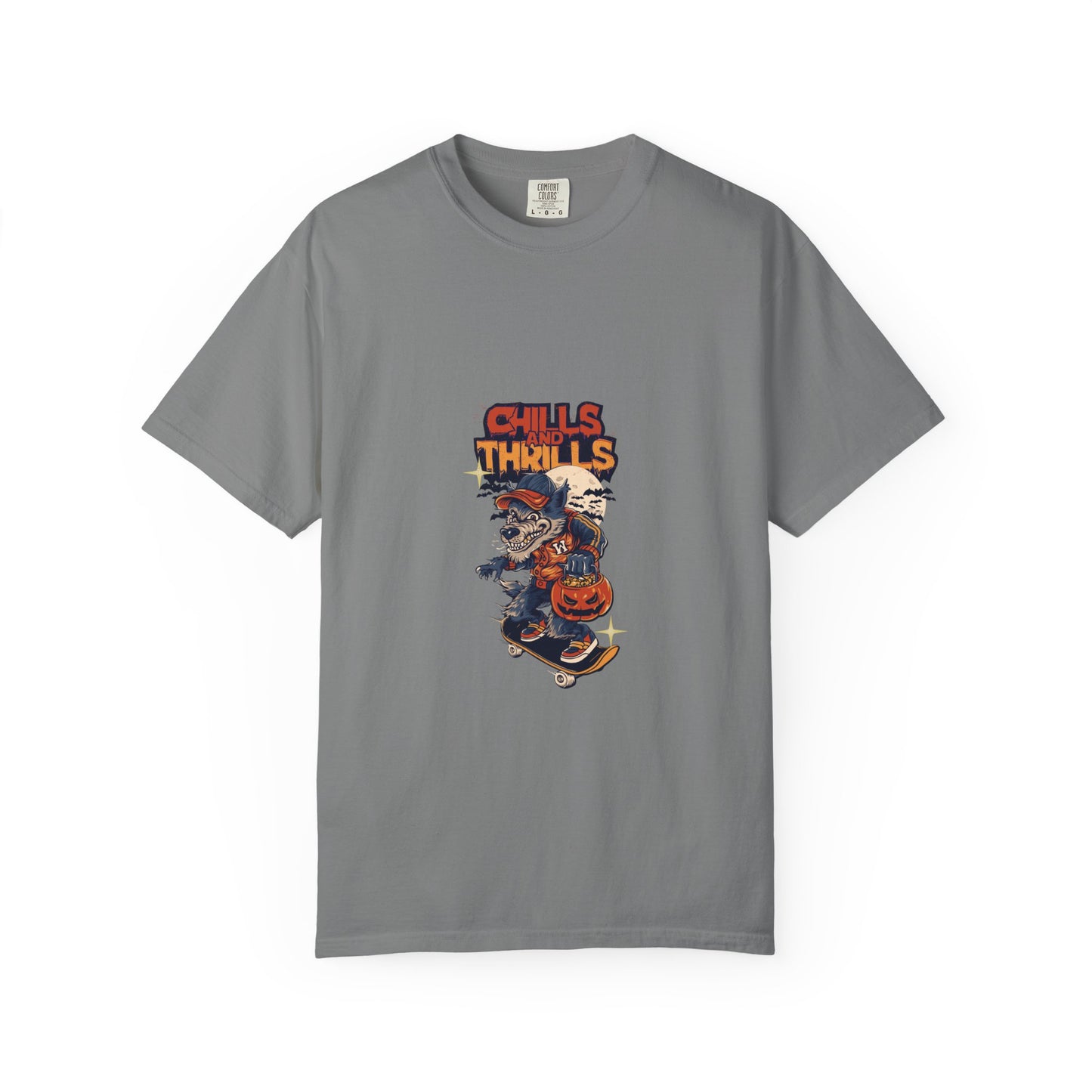 Chills & Thrills Skateboarding T-Shirt - Unisex Garment-Dyed Halloween Tee
