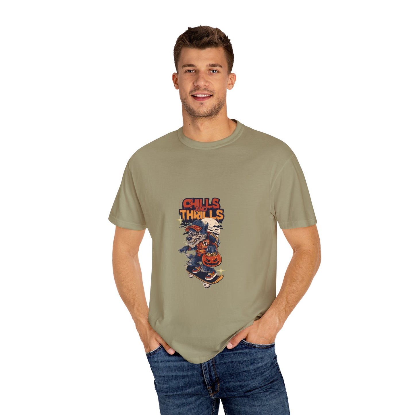 Chills & Thrills Skateboarding T-Shirt - Unisex Garment-Dyed Halloween Tee