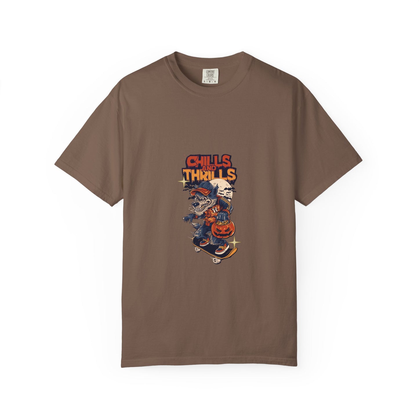 Chills & Thrills Skateboarding T-Shirt - Unisex Garment-Dyed Halloween Tee