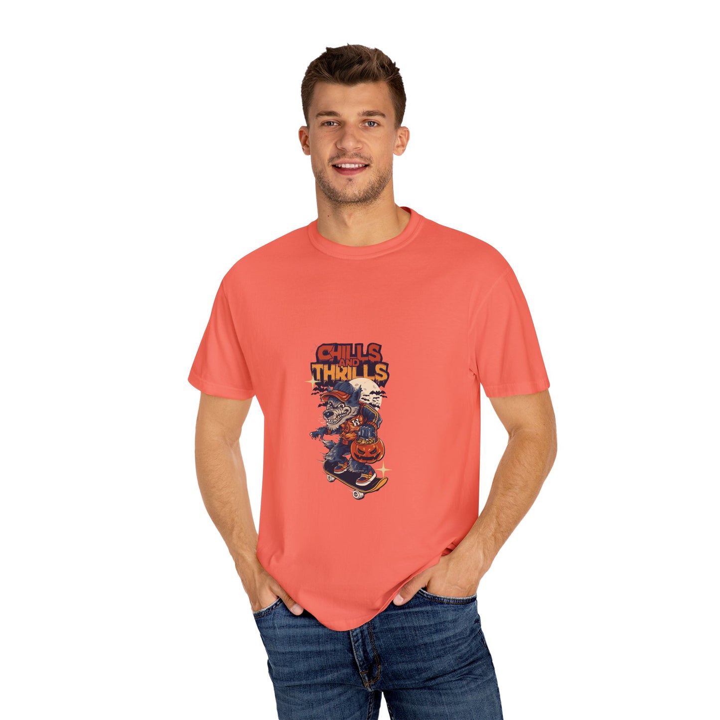 Chills & Thrills Skateboarding T-Shirt - Unisex Garment-Dyed Halloween Tee