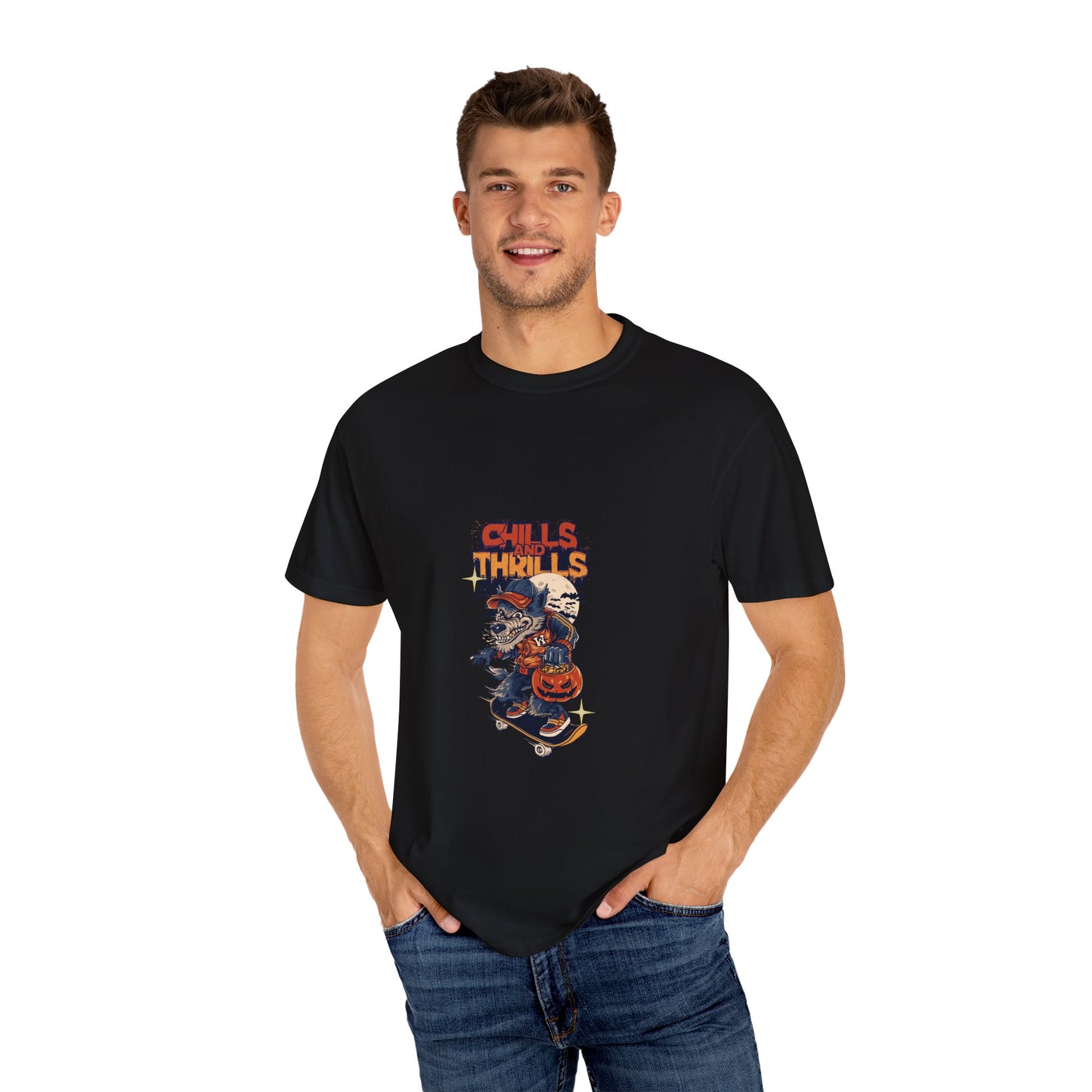 Chills & Thrills Skateboarding T-Shirt - Unisex Garment-Dyed Halloween Tee