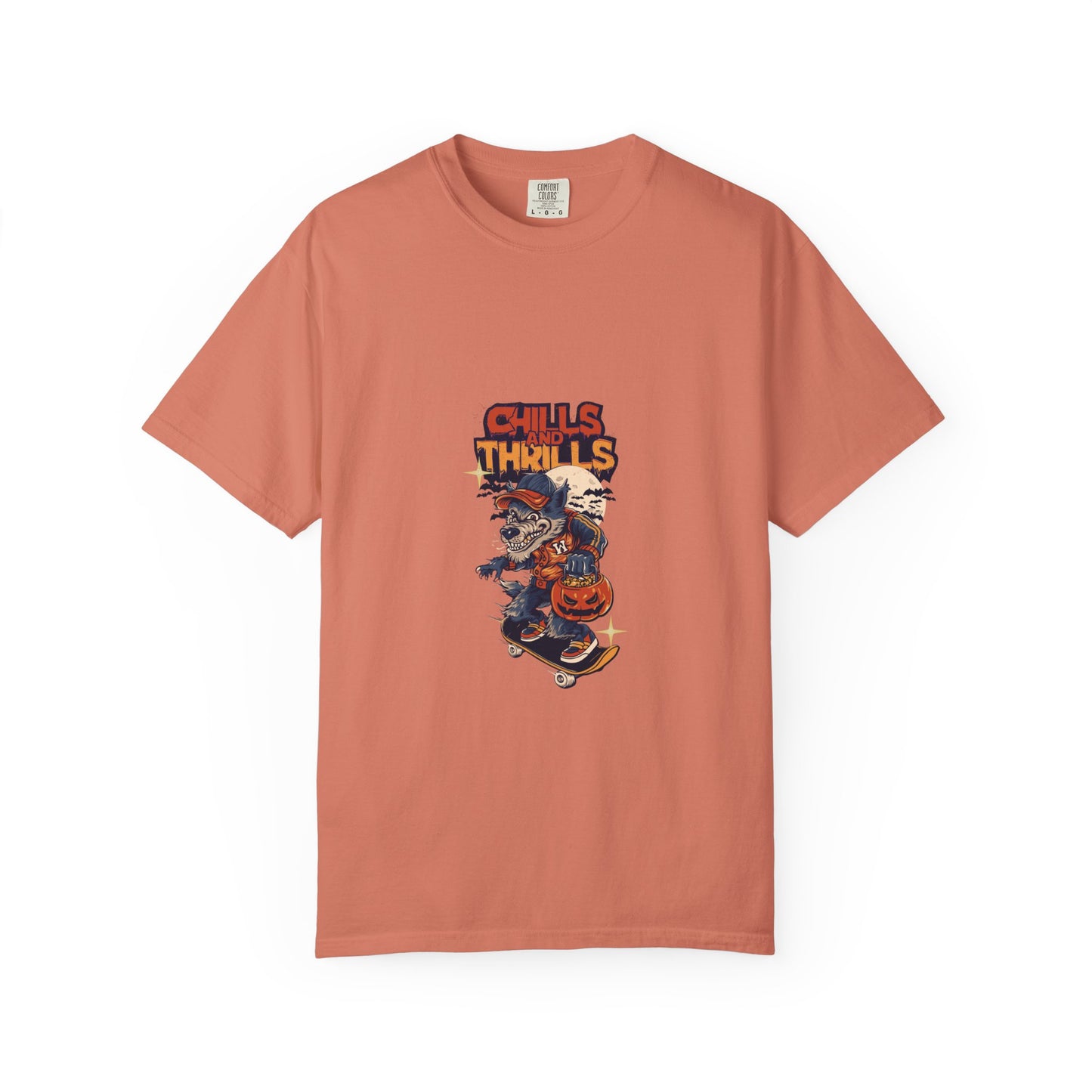 Chills & Thrills Skateboarding T-Shirt - Unisex Garment-Dyed Halloween Tee