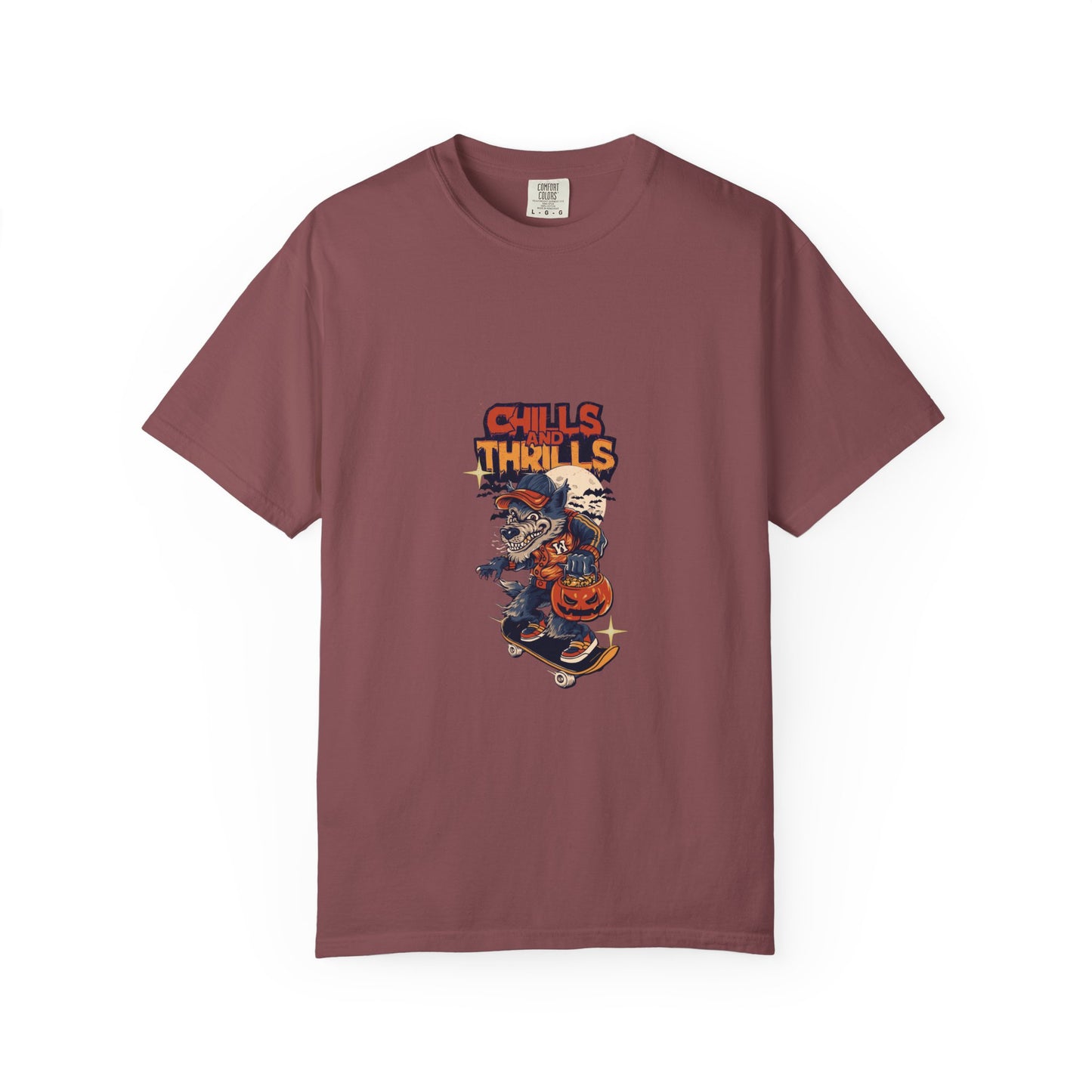 Chills & Thrills Skateboarding T-Shirt - Unisex Garment-Dyed Halloween Tee