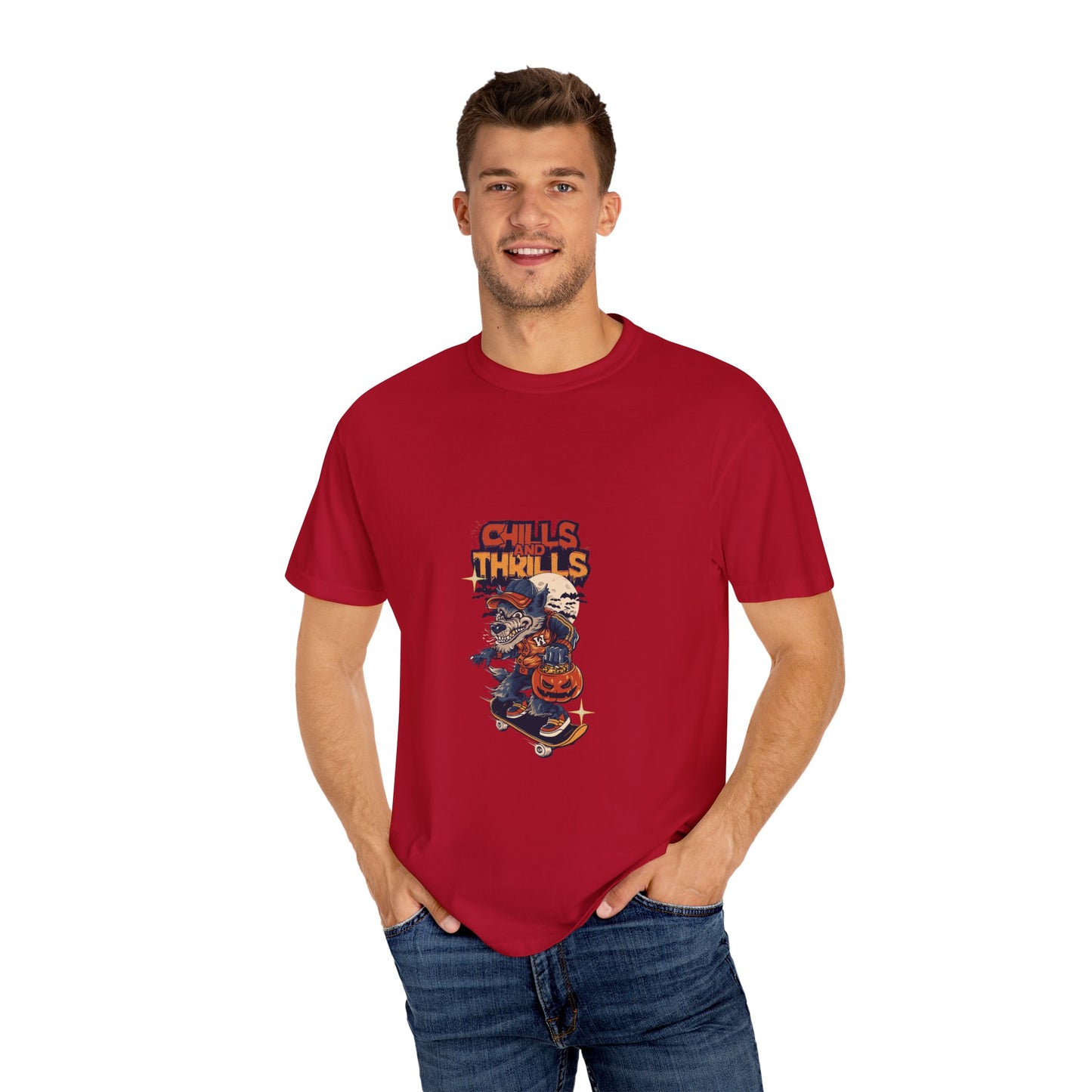 Chills & Thrills Skateboarding T-Shirt - Unisex Garment-Dyed Halloween Tee