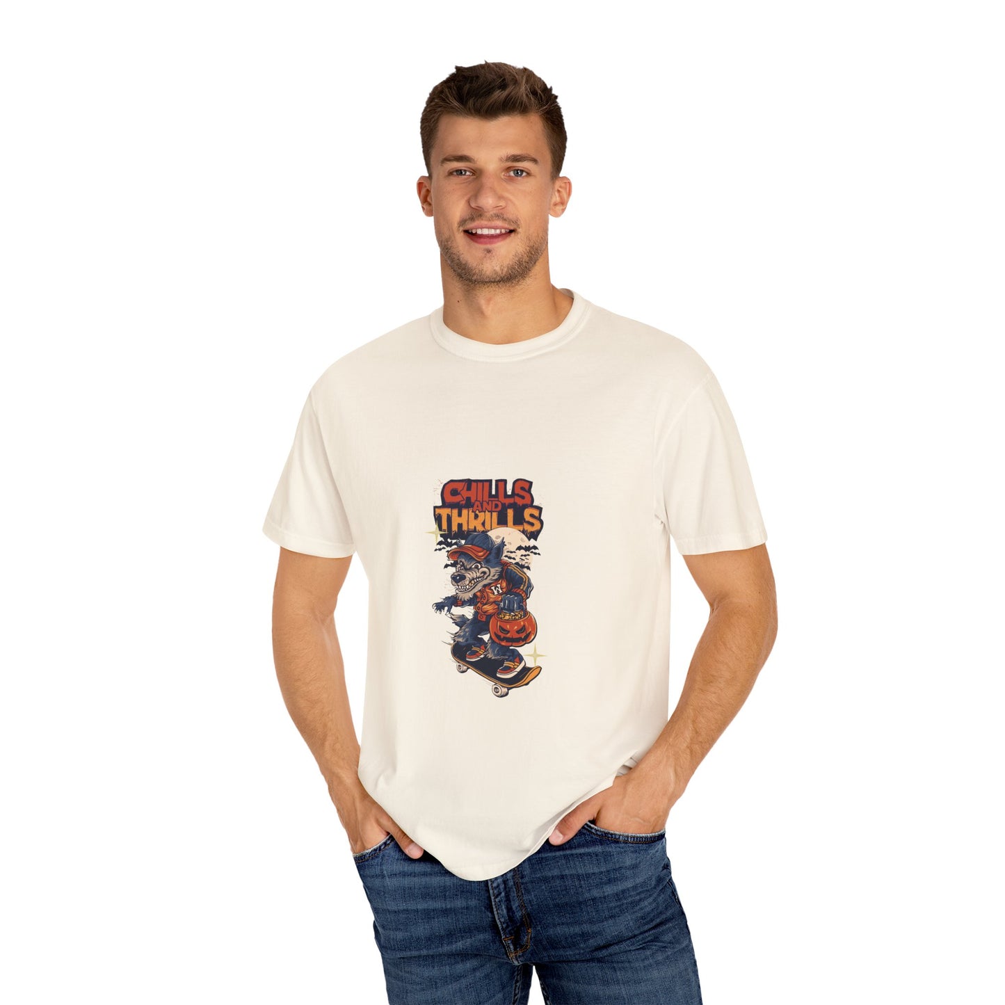 Chills & Thrills Skateboarding T-Shirt - Unisex Garment-Dyed Halloween Tee