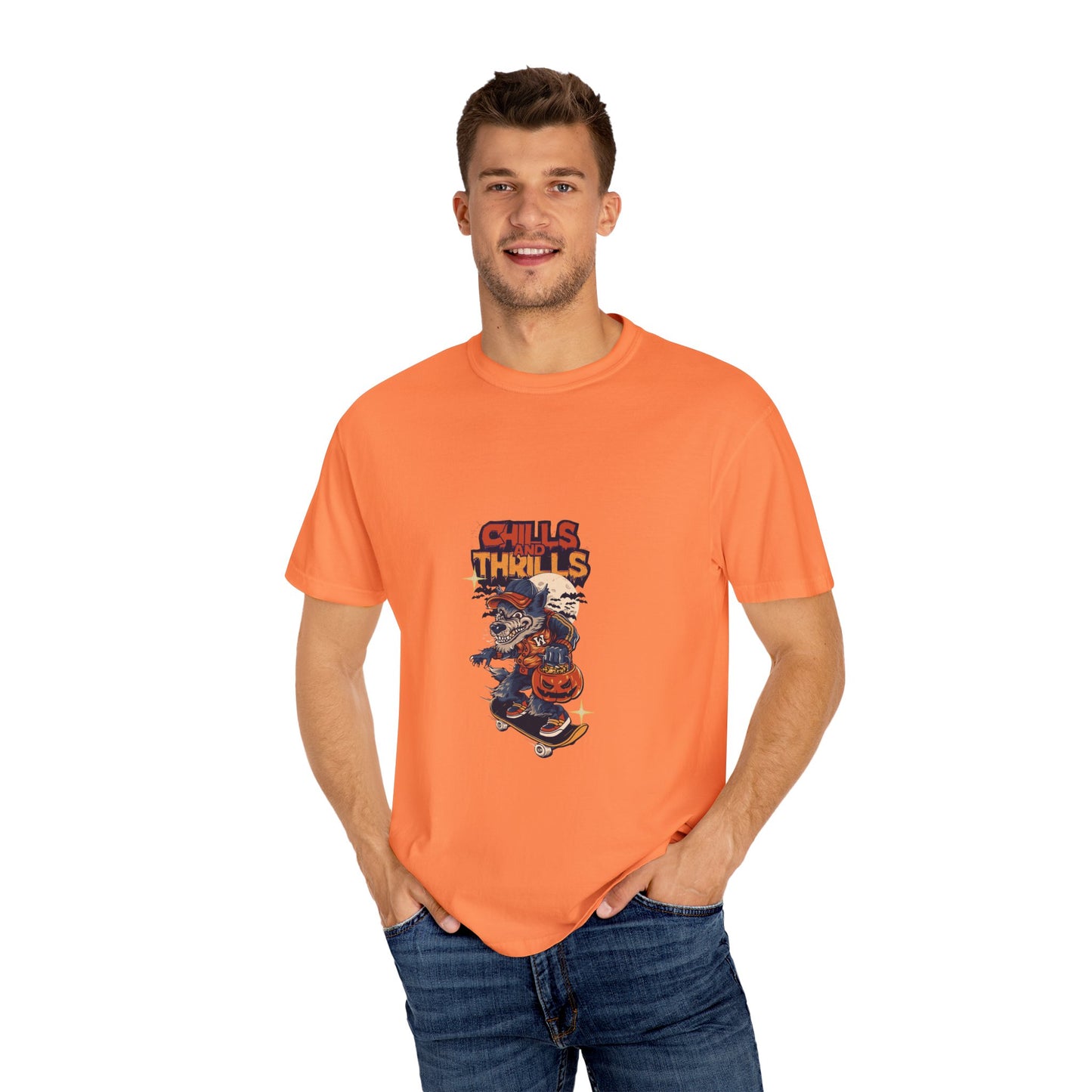 Chills & Thrills Skateboarding T-Shirt - Unisex Garment-Dyed Halloween Tee