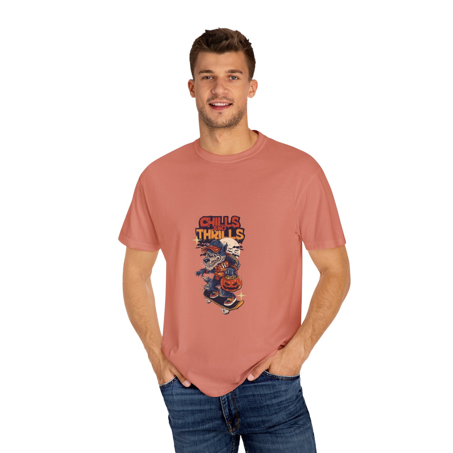 Chills & Thrills Skateboarding T-Shirt - Unisex Garment-Dyed Halloween Tee