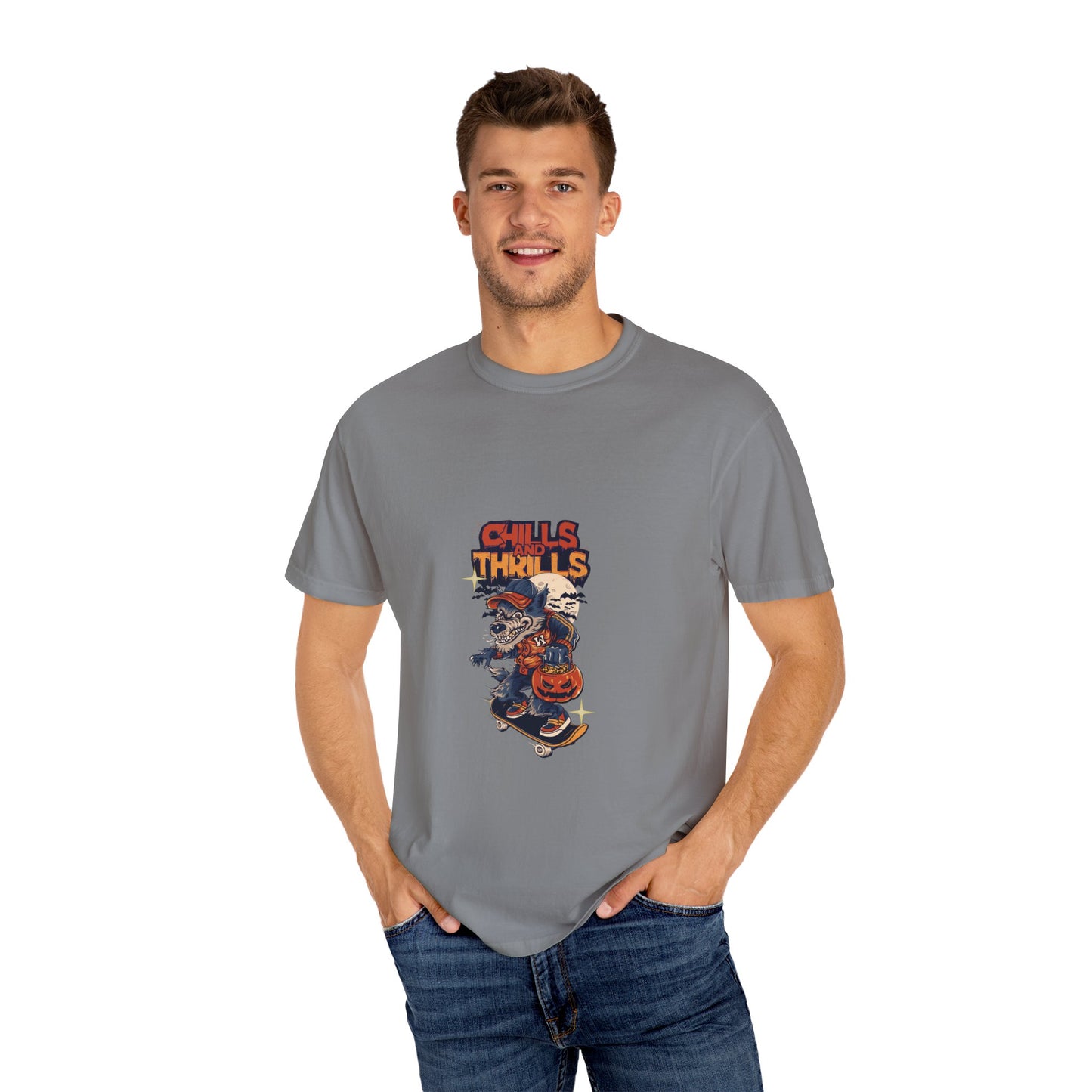 Chills & Thrills Skateboarding T-Shirt - Unisex Garment-Dyed Halloween Tee