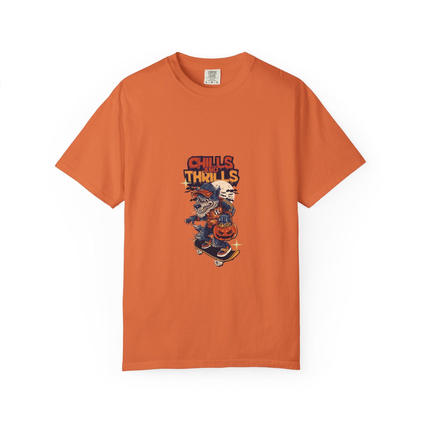 Chills & Thrills Skateboarding T-Shirt - Unisex Garment-Dyed Halloween Tee