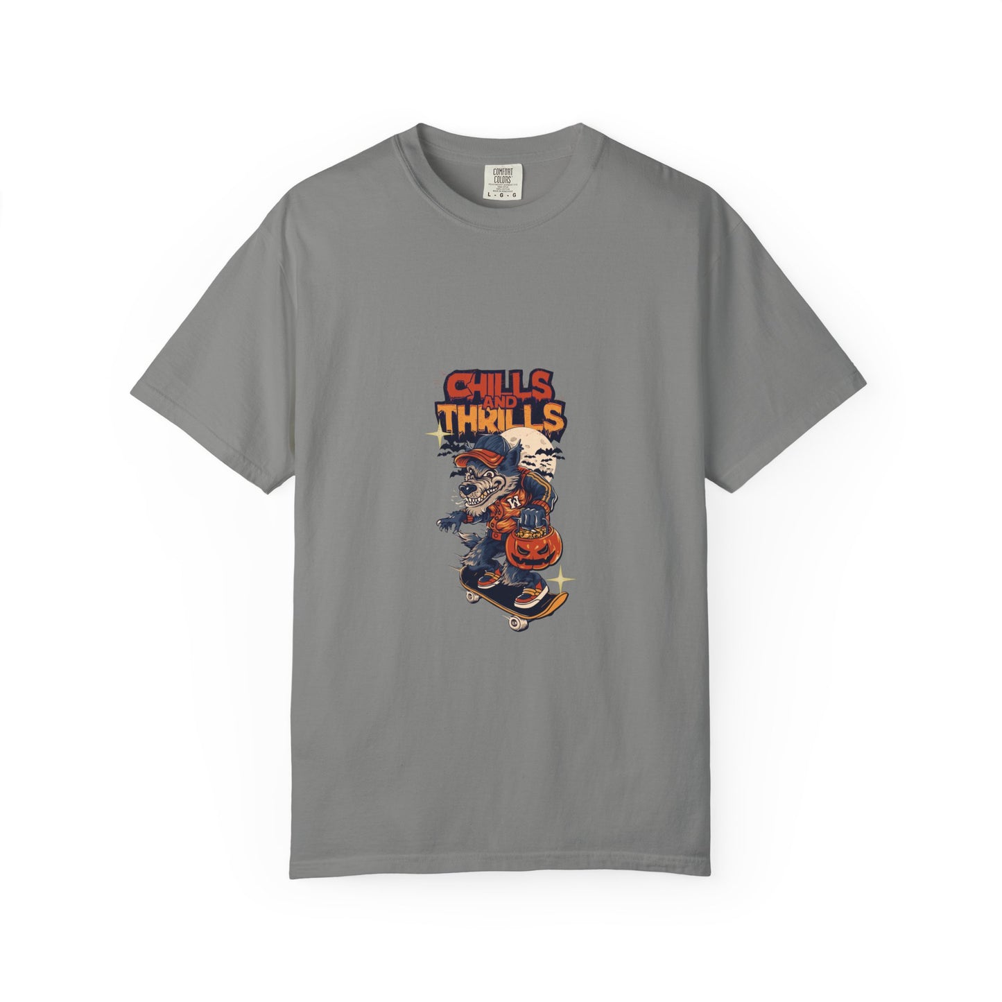 Chills & Thrills Skateboarding T-Shirt - Unisex Garment-Dyed Halloween Tee