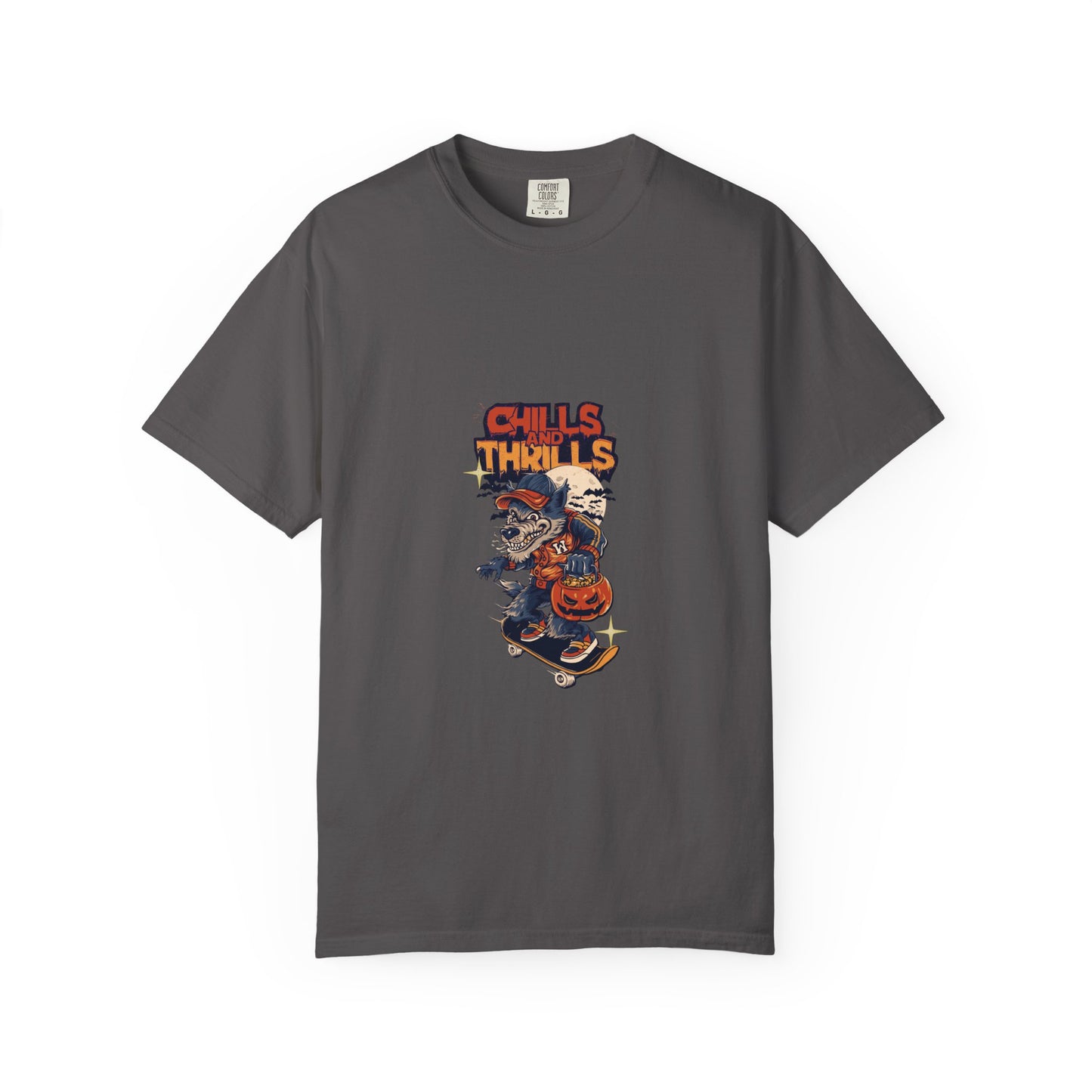 Chills & Thrills Skateboarding T-Shirt - Unisex Garment-Dyed Halloween Tee