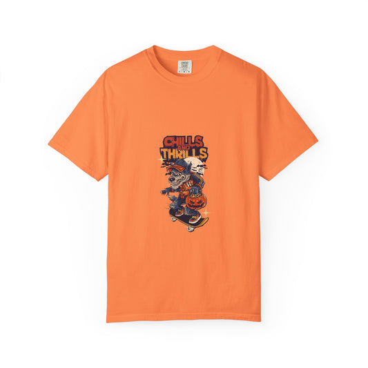 Chills & Thrills Skateboarding T-Shirt - Unisex Garment-Dyed Halloween Tee